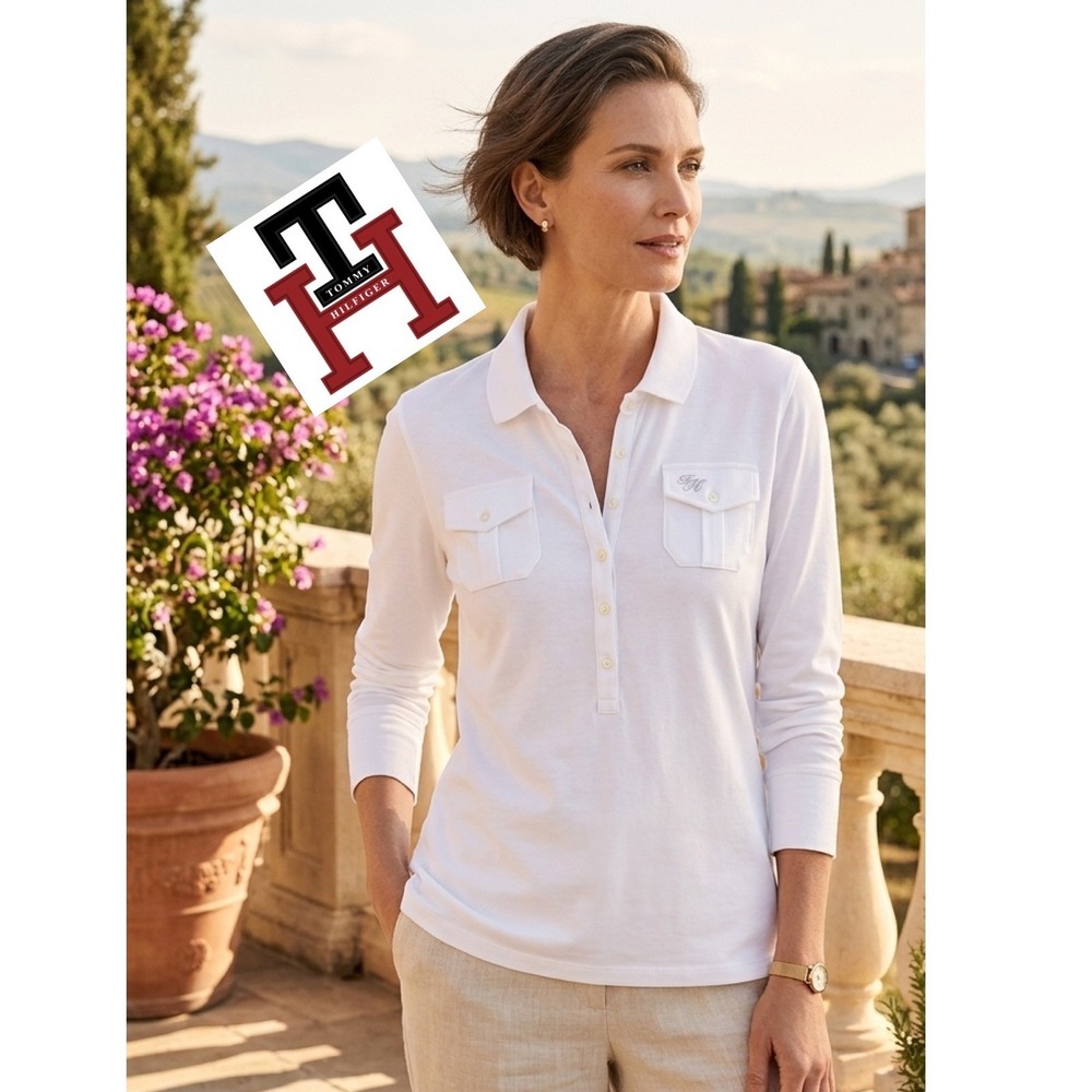 Tommy Hilfiger Womens White Long Sleeve Polo Shirt XL Rhinestone Monogram Pkt